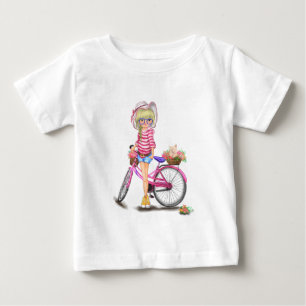 Camiseta De Bebé Chica rubio y camiseta para bebé en bicicleta rosa