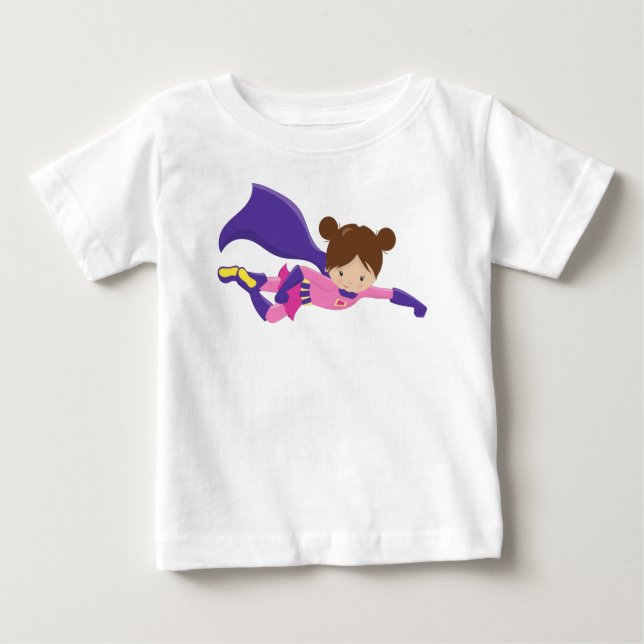 Camiseta De Bebé Chica Superhéroe, Cabello Castaño, Capa Morada, Ch (Anverso)