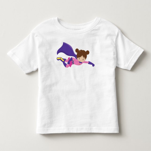 Camiseta De Bebé Chica Superhéroe, Cabello Castaño, Capa Morada, Ch (Anverso)