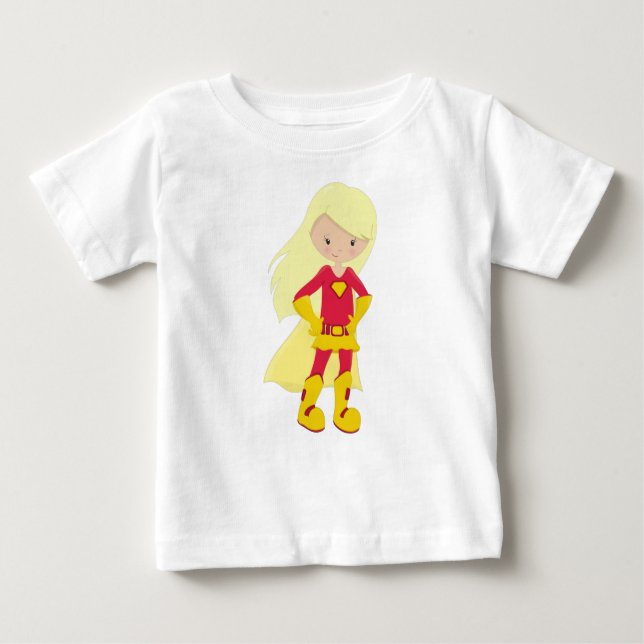 Camiseta De Bebé Chica Superhéroe, Cabello Rubio, Heroína, Traje Ro (Anverso)