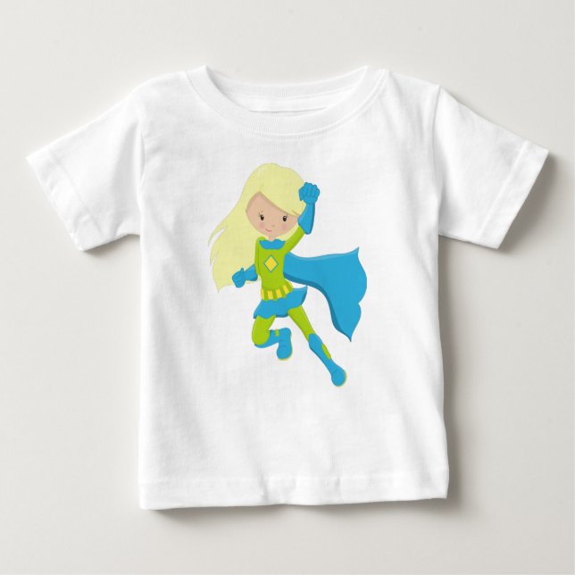 Camiseta De Bebé Chica Superhéroe, Chica Linda, Cabello Rubio, Capa (Anverso)