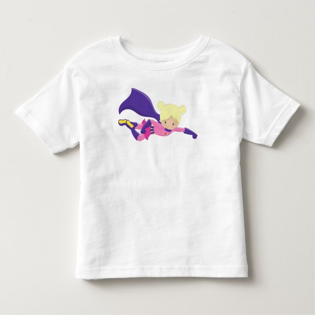 Camiseta De Bebé Chica Superhéroe, Heroína, Cabello Rubio, Capa Mor (Anverso)