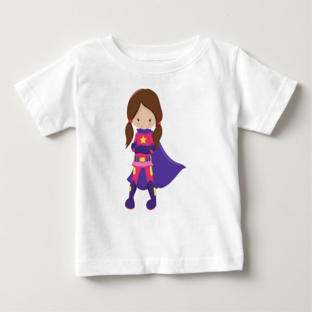 Camiseta De Bebé Chica superhéroe, pelo pardo, Chica lindo, cabo pú (Anverso)