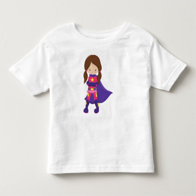 Camiseta De Bebé Chica superhéroe, pelo pardo, Chica lindo, cabo pú (Anverso)