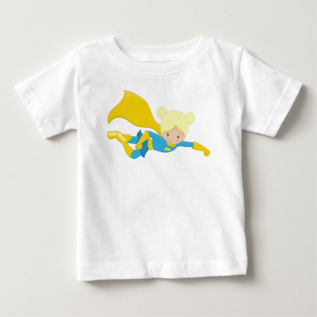 Camiseta De Bebé Chica superhéroe, pelo rubio, héroe, cabo amarillo (Anverso)