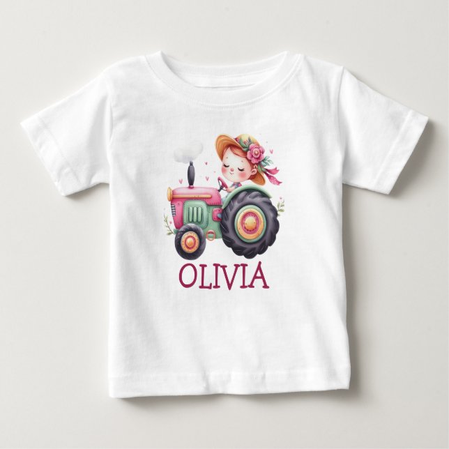 Camiseta De Bebé Chicas con tractores rosados personalizados (Anverso)