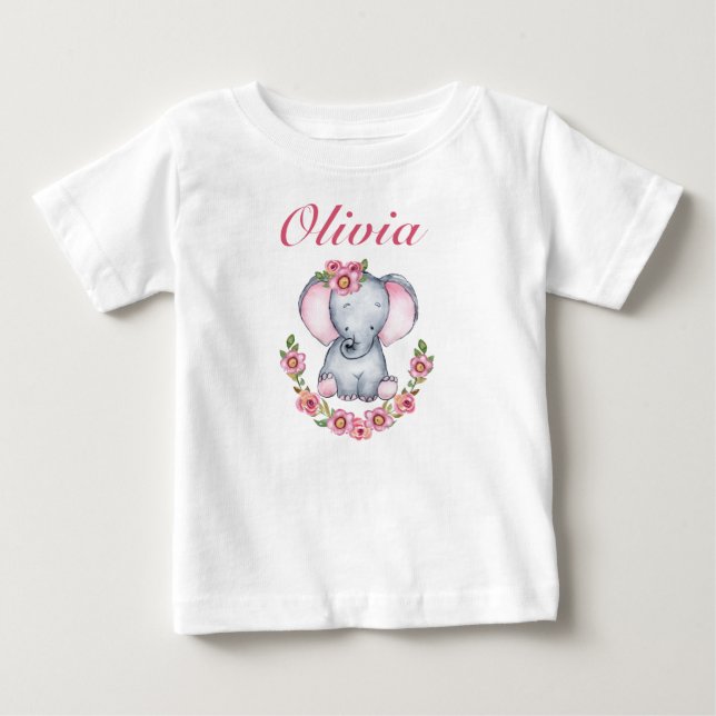 Camiseta De Bebé Chicas elefantes con flores rosadas (Anverso)