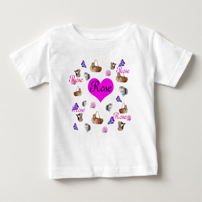 Camiseta De Bebé Chicas Rosas Con Gatos Y Mariposas, (Anverso)