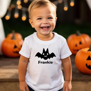 Camiseta De Bebé Chicos Murciélago Negro Monograma Nombre Halloween