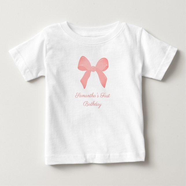 Camiseta De Bebé Cinta de Cuadros Rosa Cumpleaños Lazo Rosa (Anverso)