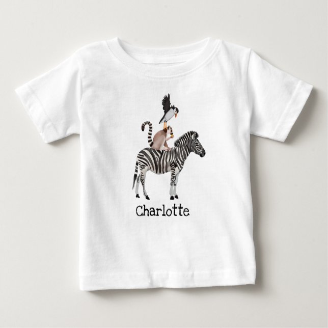 Camiseta De Bebé Cinta Safari Cebra Lemur Puffin Animales Con Nombr (Anverso)