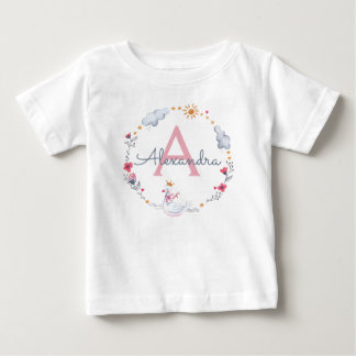 Camiseta De Bebé Cisne rosa y corona floral con monograma