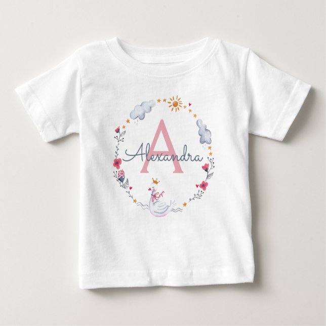 Camiseta De Bebé Cisne rosa y corona floral con monograma (Anverso)
