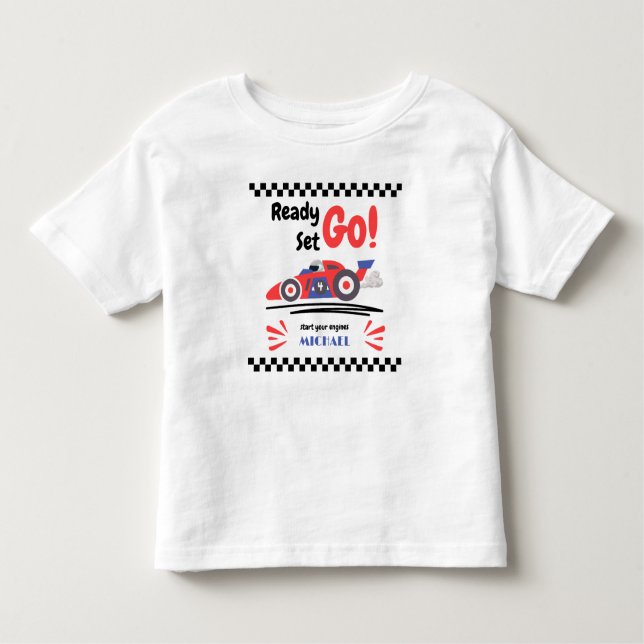 Camiseta De Bebé Coche de Carreras Rojo Azul Listo Preparado Ya Cum (Anverso)