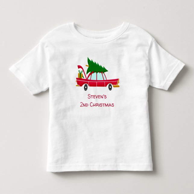 Camiseta De Bebé Coche rojo retro que lleva un árbol de Navidad (Anverso)