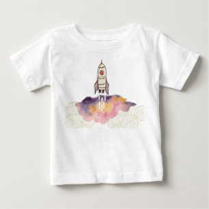 Camiseta de bebé cohete despegue nube colorida