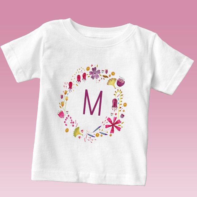 Camiseta De Bebé Colirio de flores silvestres Monograma inicial (Monogram initial personalized watercolor botanical floral wreath baby t-shirt)