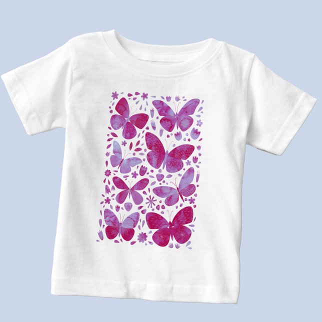 Camiseta De Bebé Color de agua de mariposa rosa (Magenta pink watercolor butterfly baby t-shirt)