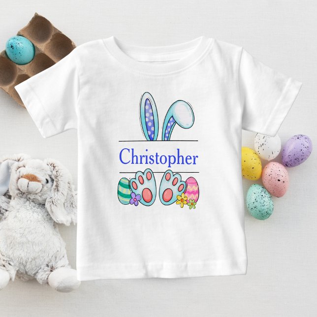 Camiseta De Bebé Conejo de Pascua azul monograma para bebé niño (Subido por el creador)