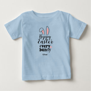 Camiseta De Bebé Conejo Feliz de Pascua Nombre Personalizado Azul