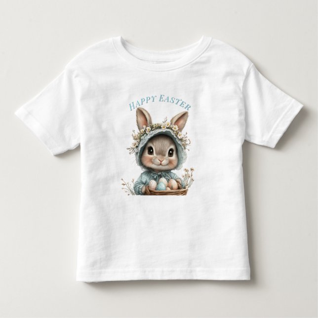 Camiseta De Bebé Conejo feliz de Pascua sombrero azul cesta huevos  (Anverso)