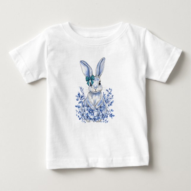 Camiseta De Bebé Conejo Floral Azul primer cumpleaños para niños (Anverso)