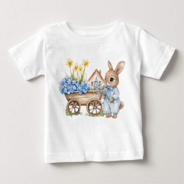 Camiseta De Bebé Conejo personalizado con flores azules (Anverso)
