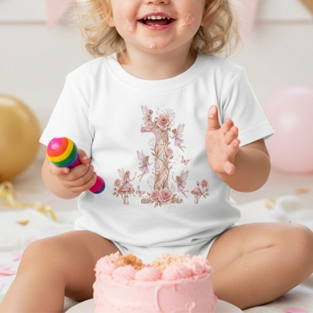 Camiseta De Bebé Conjunto de cumpleaños número uno caprichoso para  (Number One Birthday Party Outfit for Girls Fairy First Birthday)