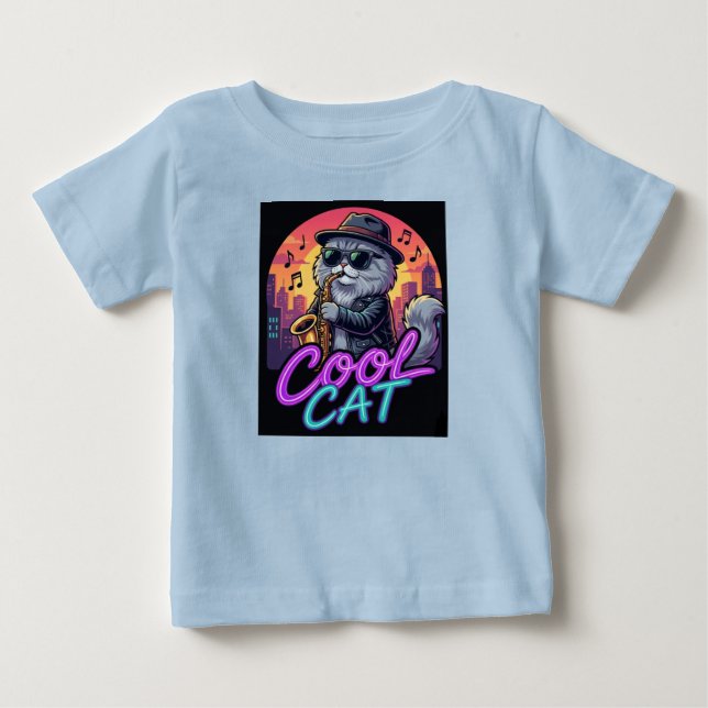 Camiseta De Bebé Cool Cat Saxophone – Retro Neon 90s Jazz Cat Desig (Anverso)