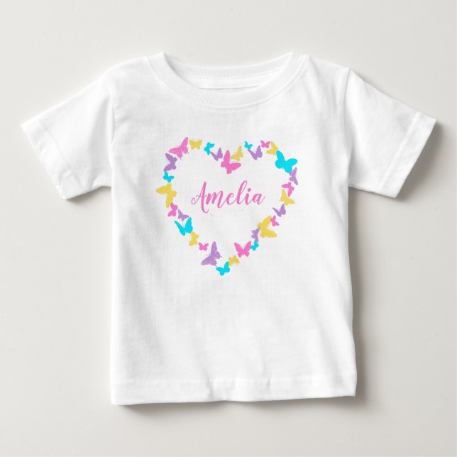 Camiseta De Bebé Corazón de nombres personalizados de mariposas (Anverso)