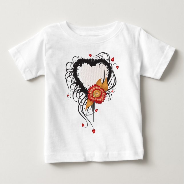 Camiseta De Bebé Corazón y flor de estilo grunge negro (Anverso)