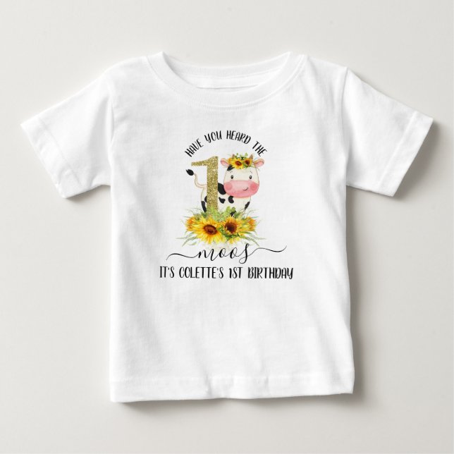 Camiseta De Bebé Cow Purpurina de oro girasoles primer cumpleaños c (Anverso)