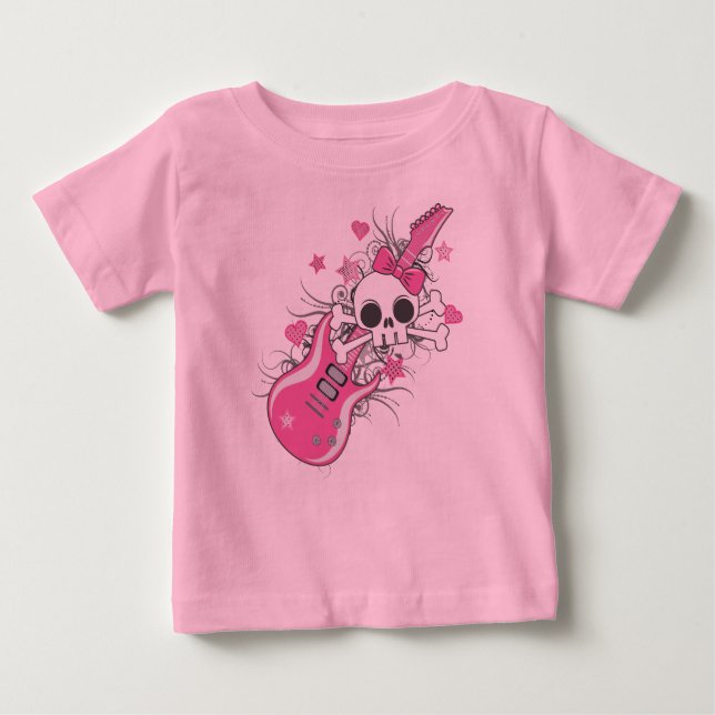 Camiseta De Bebé Cráneo Bonito con Guitarra Rosa (Anverso)