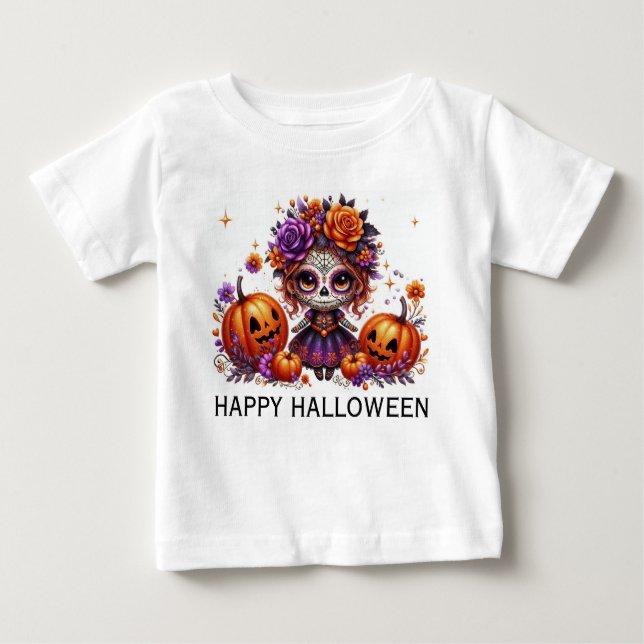 Camiseta De Bebé Cráneo de azúcar lindo con Jack-O-Lanterns y flore (Anverso)