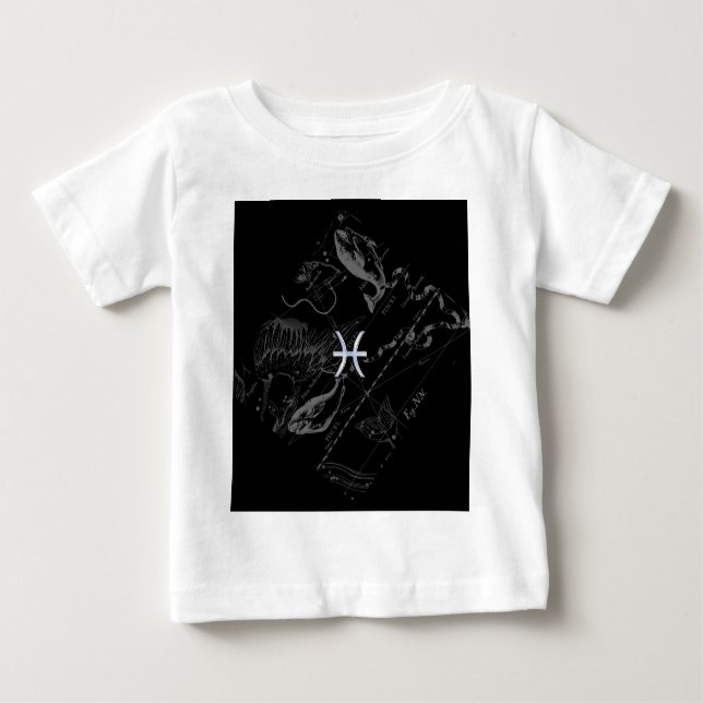 Camiseta De Bebé Cromo como Pisces Zodiac Rótulo en Hevelio Negro (Anverso)
