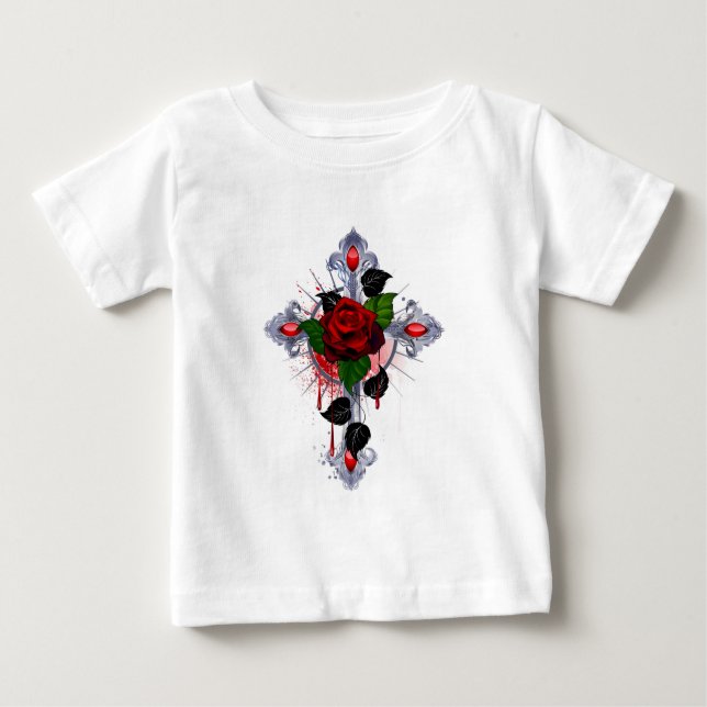 Camiseta De Bebé Cruz de Plata con una Rosa Roja (Anverso)