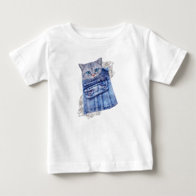 Camiseta De Bebé Cubos de Denim Jean, gatitos y encaje (Anverso)