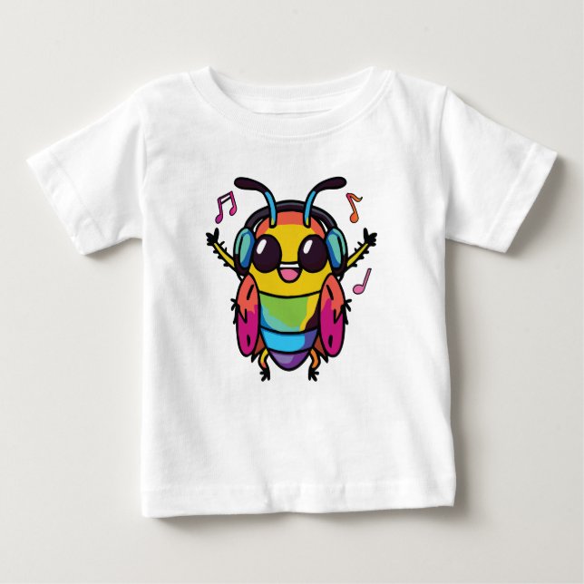 Camiseta De Bebé Cucaracha feliz con auriculares escuchando música (Anverso)