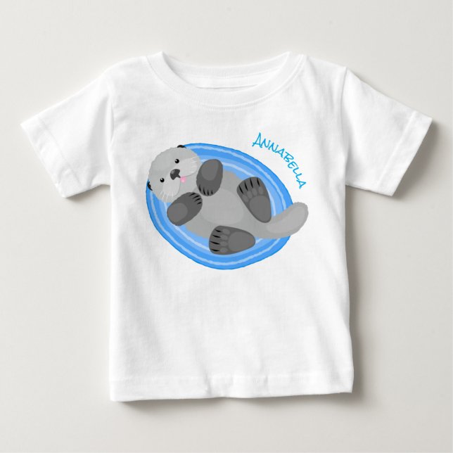 Camiseta De Bebé Cuidada y feliz nutria azul personalizado ilustrac (Anverso)