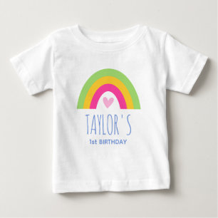 Camiseta De Bebé Cumpleaños 1º arcoiris nombre personalizado rosa v