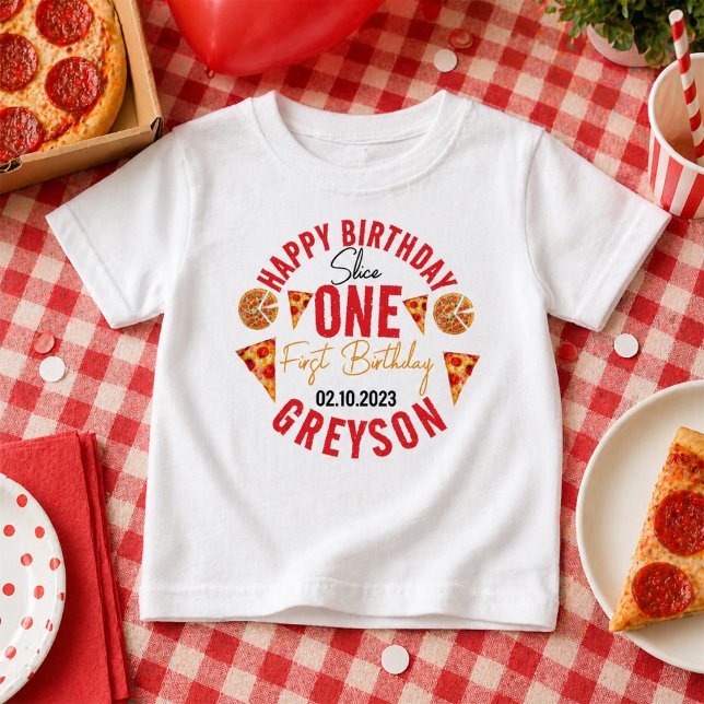 Camiseta De Bebé Cumpleaños 1º de Modern Slice Slice Baby Pizza (Modern Slice Slice Baby Pizza 1st Birthday T-Shirt)