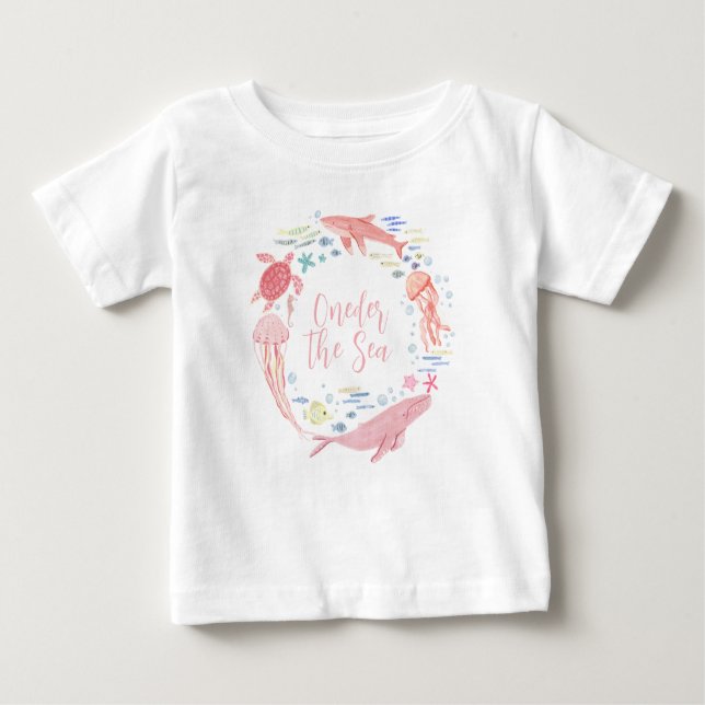 Camiseta De Bebé Cumpleaños 1 Bajo el Mar Rosa Oneder (Anverso)