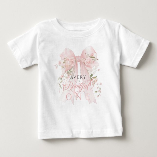 Camiseta De Bebé Cumpleaños 1 Bowtiiful Uno Lazos Florales Niñas (Anverso)