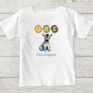 Camiseta De Bebé Cumpleaños 1 de Cebra uno con nombre azul