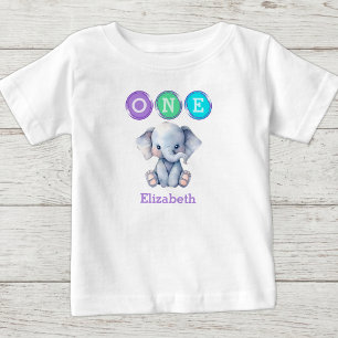 Camiseta De Bebé Cumpleaños 1 de Elefante uno con nombre púrpura