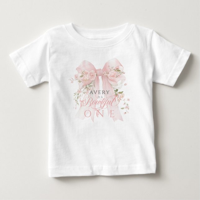 Camiseta De Bebé Cumpleaños 1 de la hermosa con lazo floral para ni (Anverso)