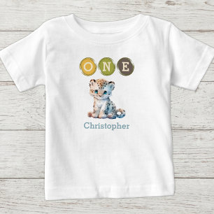 Camiseta De Bebé Cumpleaños 1 de Leopardo uno con nombre azul