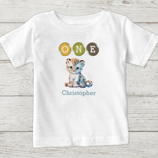 Camiseta De Bebé Cumpleaños 1 de Leopardo uno con nombre azul (Subido por el creador)