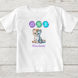 Camiseta De Bebé Cumpleaños 1 de Leopardo uno con nombre púrpura