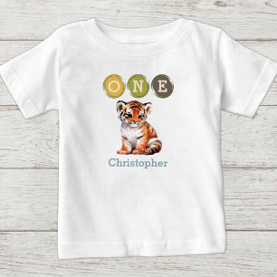 Camiseta De Bebé Cumpleaños 1 de Tigre uno con nombre azul